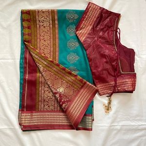 Burgundy and teal silk saree